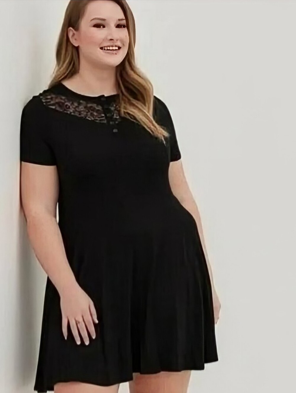 Torrid Super Soft Knits Skater Dress Black Pockets Lace Short Sleeve Stretchy 1X